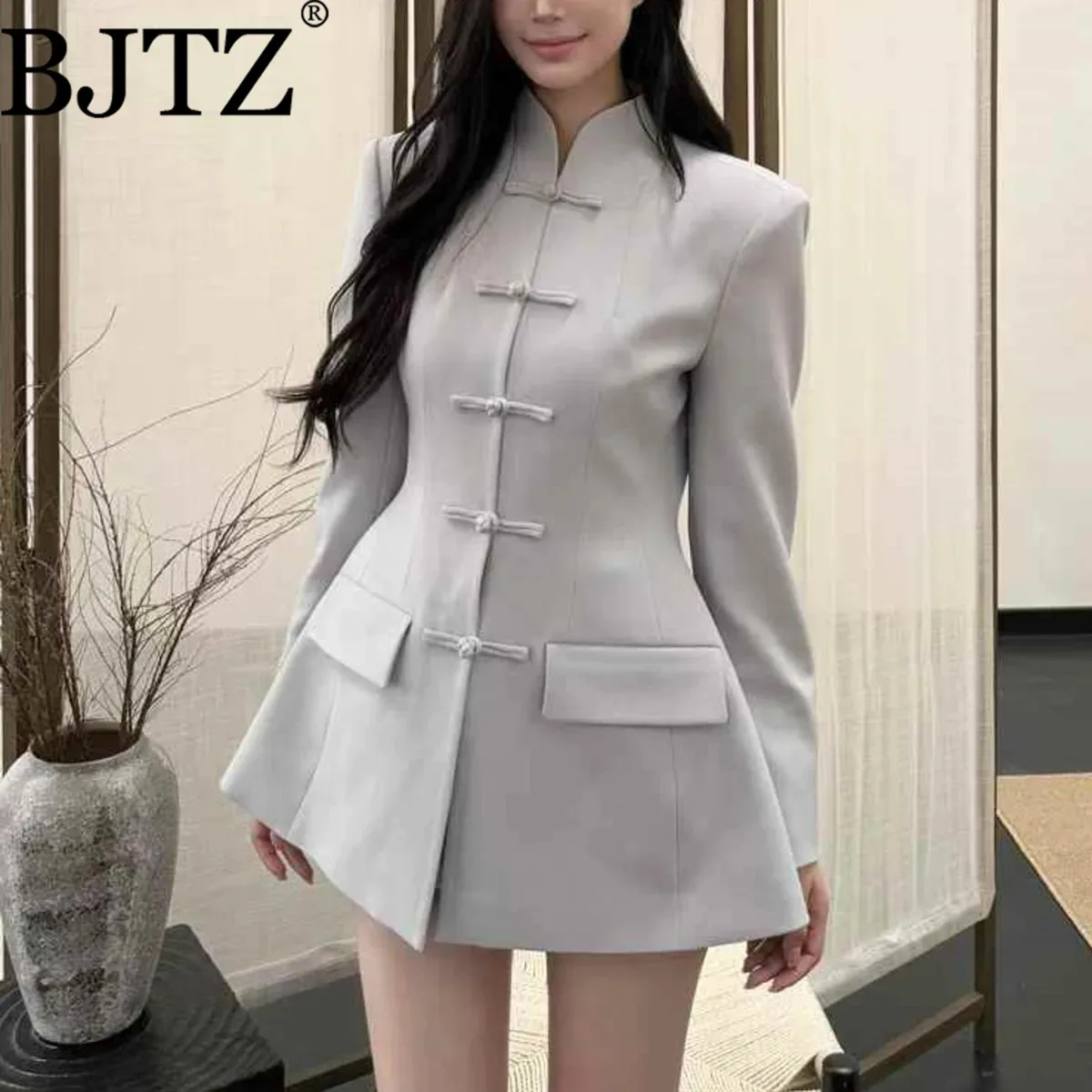 

BJTZ 2025 модная женская куртка с воротником-стойкой, весна-осень 2025 года, новинка трапециевидной формы с длинными рукавами, однотонная элегантная женская одежда