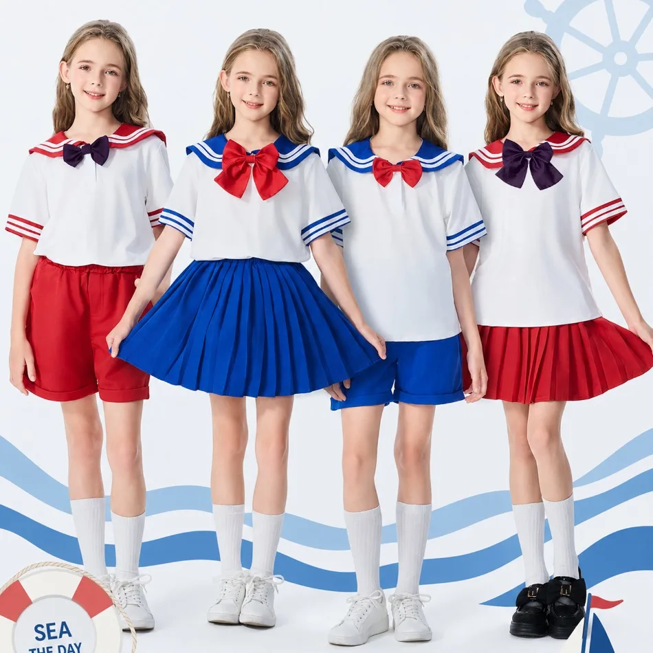 Girls Boys Navy Style Sailor Costume Kids Bow Knot Top Pleated Skirt School Chorus Performance Uniform Stage Show Outfit PS66