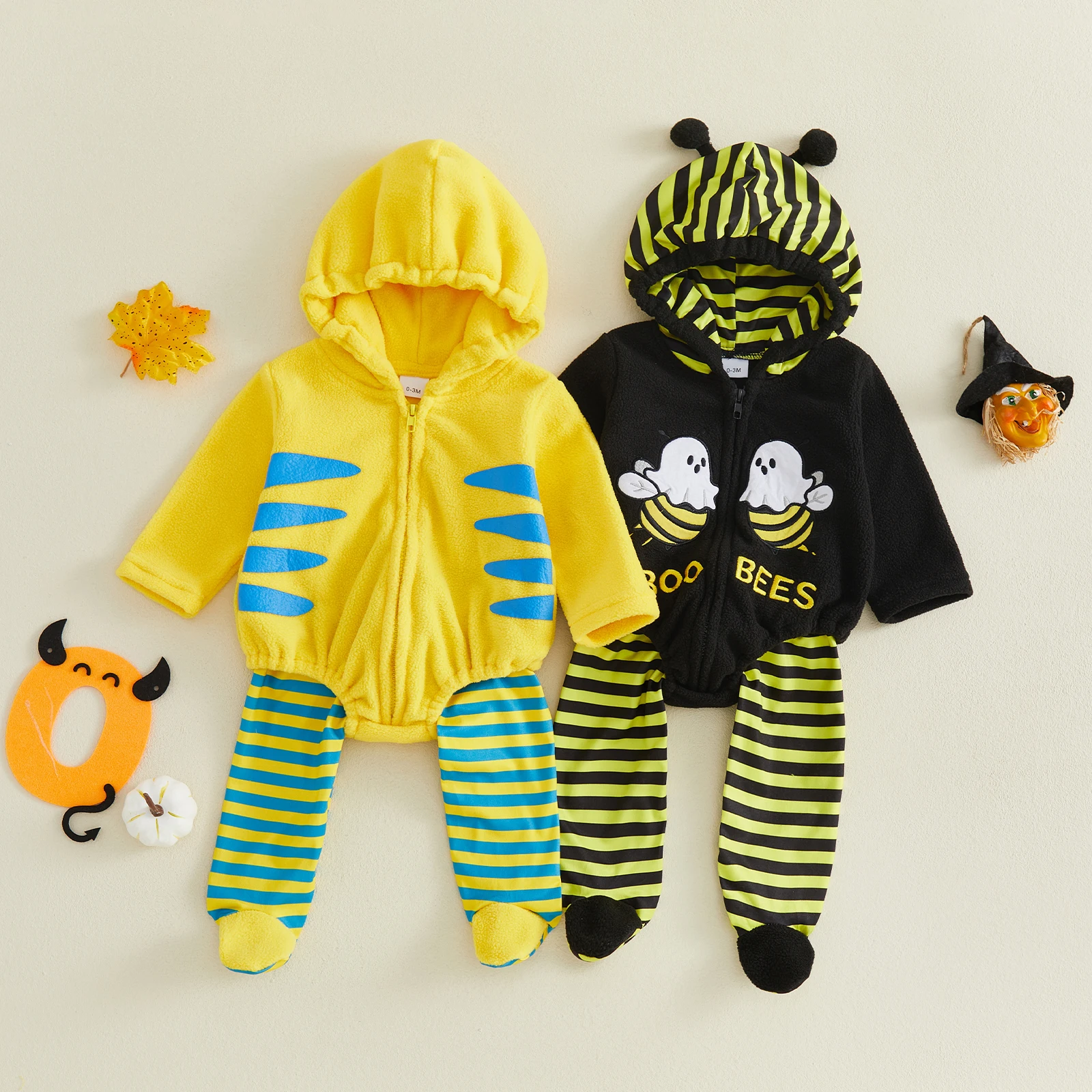 Infant Girl Boy Halloween Costume Hooded Zipper Romper Footed Leggings Boo Bees Cosplay Costume