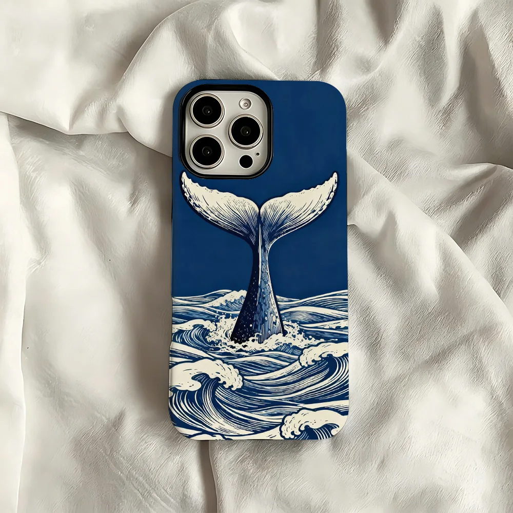 Whale Tail Woodcut Phone Case for Samsung Galaxy S20 S23 S24 S25 S26 FE Plus Ultra Edge 4G 5G Luxury Double-layer Back Cover