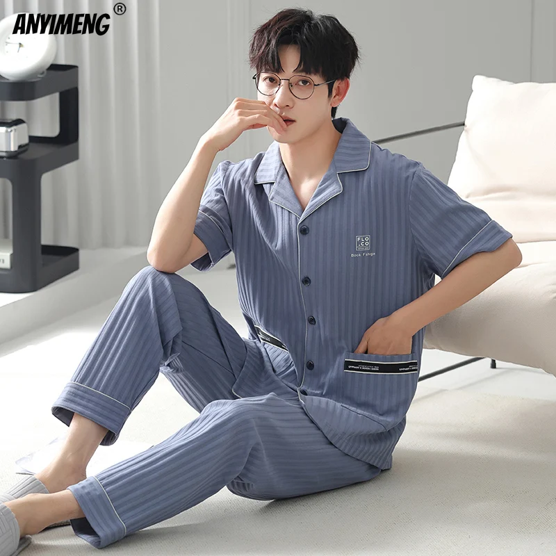 Spring Autumn Men Cotton Pajamas Soft Short Sleeves Long Pants Pajama Big Size L-3XL Man Sleepwear Soft Lapel Loungewar