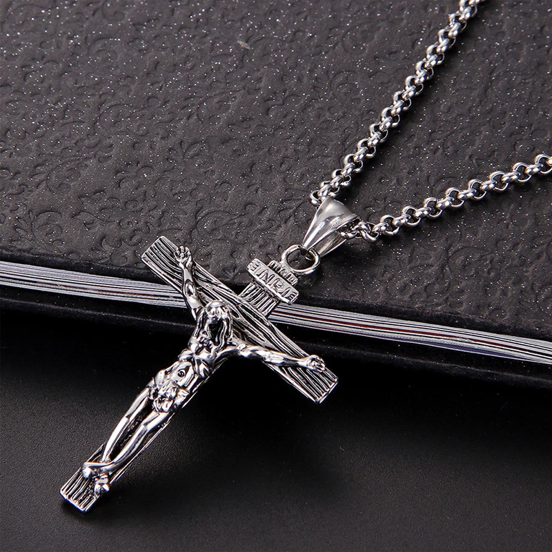 Vintage Christian Amulet Religious Jesus Cross Necklace Crucifix Pendant Handsome Men Stainless Steel Chain Necklace Jewelry