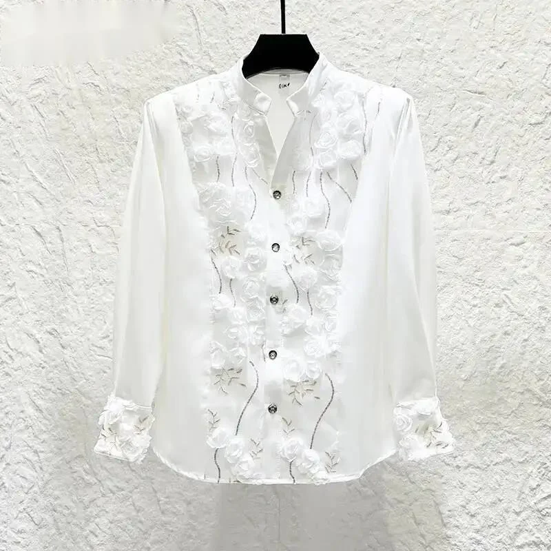 French-style Lace V-neck Men Shirt Personalized Fashionable Design Three-dimensional Flower Sequin Shirts Trend New  ZD35