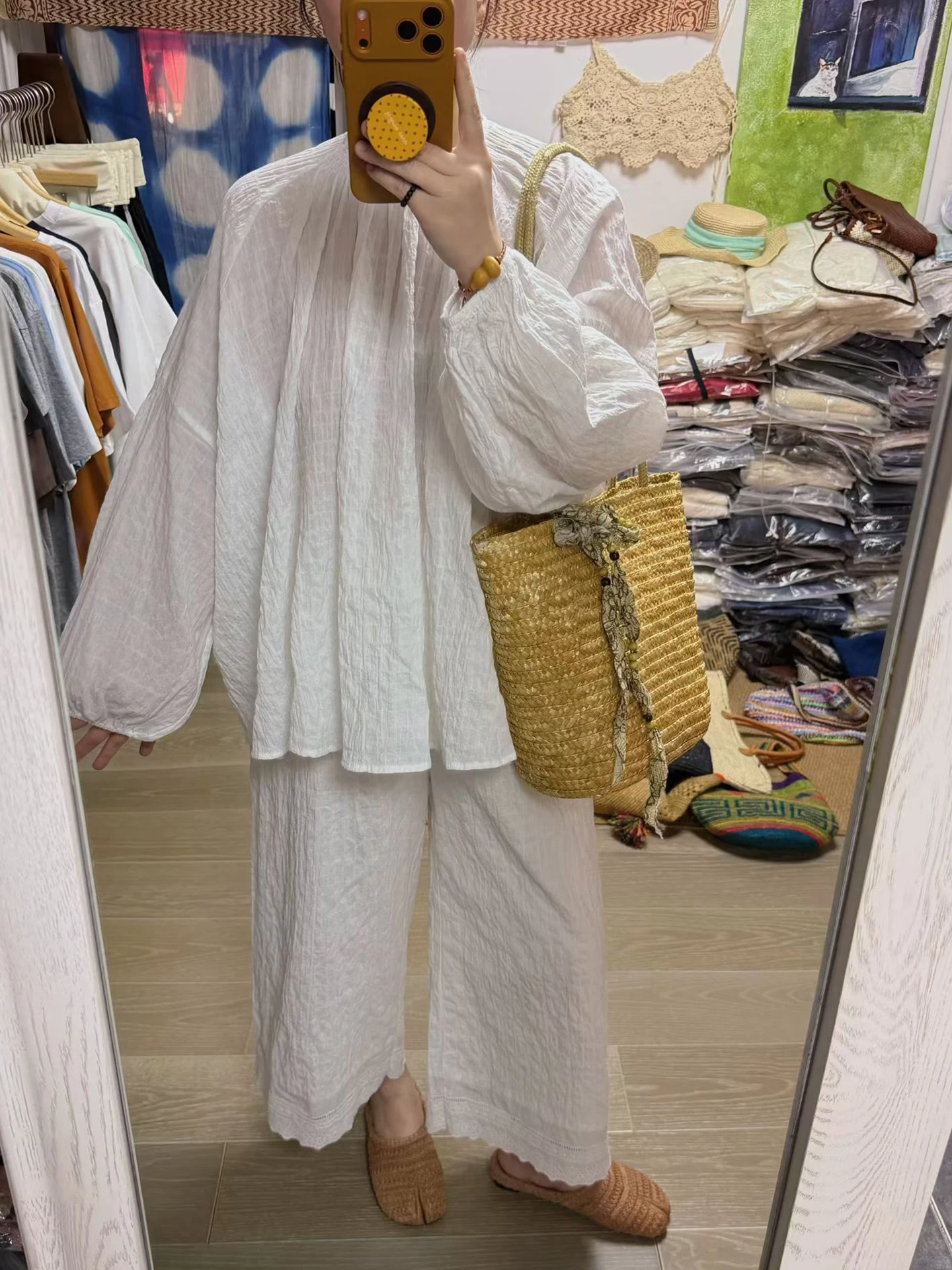 

Summer Vintage Loose Cotton Baby Shirt Lantern Sleeve White Purple plus Size Women's Wear Comfortable Breathable Casual Style