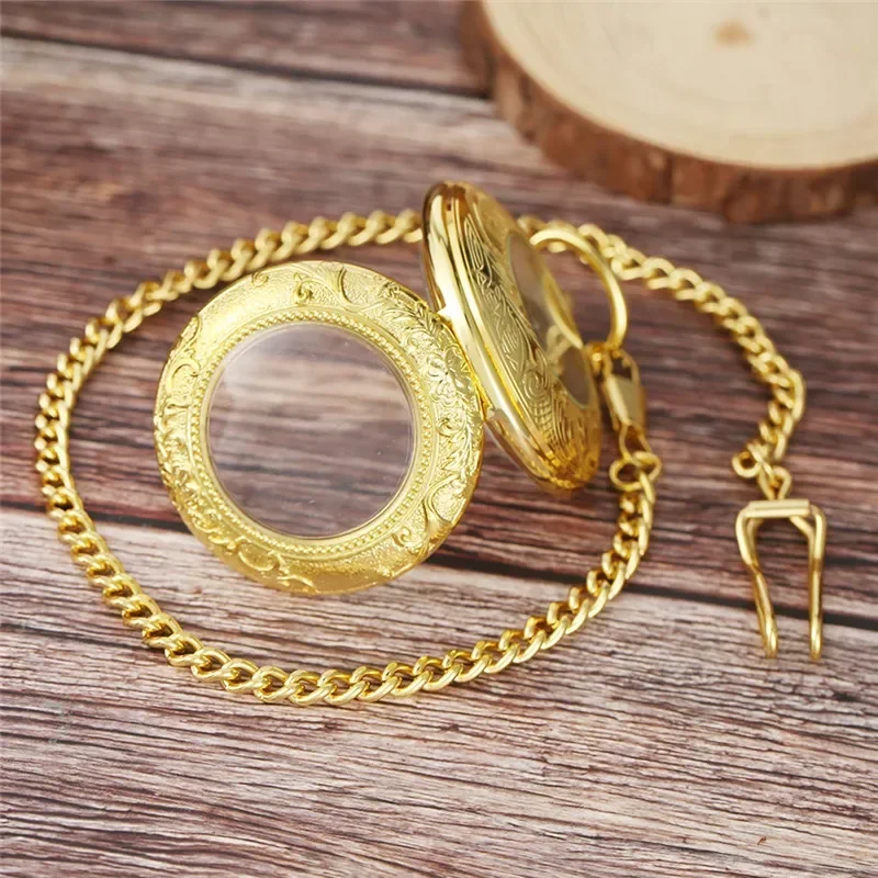 Luxury Golden Transparent Cover Men's Hand-winding Mechanical Pocket Watch Roman Numerals Skeleton Pendant Clock with Fob Chain