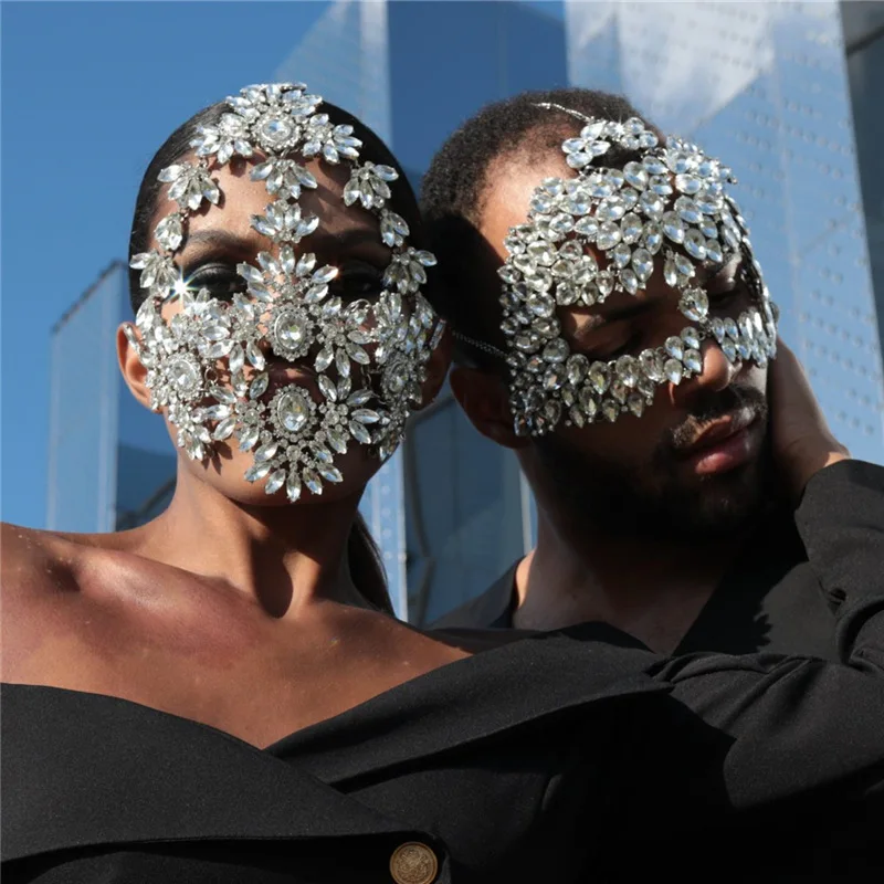 Trendy Hyperbole Rhinestone Masquerade Mask Decoration Cover Face Eyes Mask Jewelry for Women Prom Show Party Crystal Accessorie