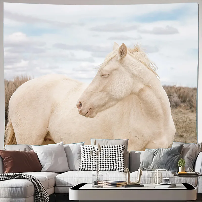 White Horse in Open Field with Cloudy Sky Tapestry Machine Washable All Season Decor Home Enhance spatial aesthetics non-toxic