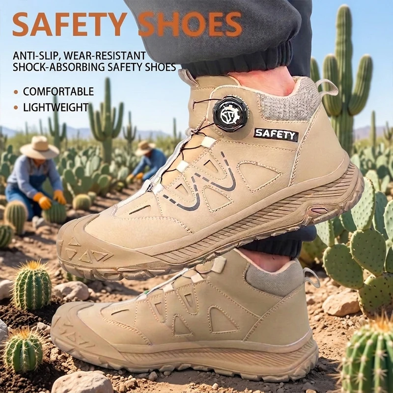 Easy‑On Rotary Knob Mid‑Top Unisex Safety Footwear Rubber Sole Steel Toe Anti‑smash Puncture‑Proof Working Shoes For Warehouse