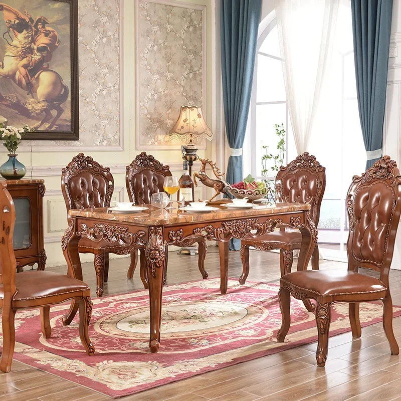 European American Style Rectangle Solid Wood Dining Table Set with Marble Top For Home Villa Hotel Apartment Use Includes Chairs