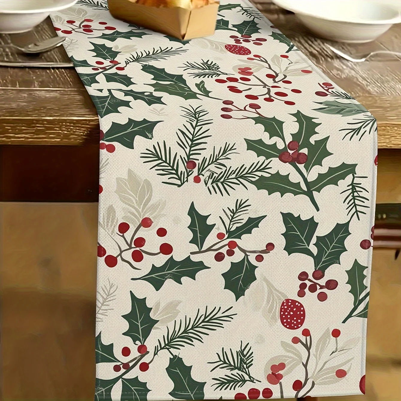 Merry Christmas Holly Leaf Berries Linen Table Runner Party Decor Winter Xmas Kitchen Dining Table Runners Christmas Decorations