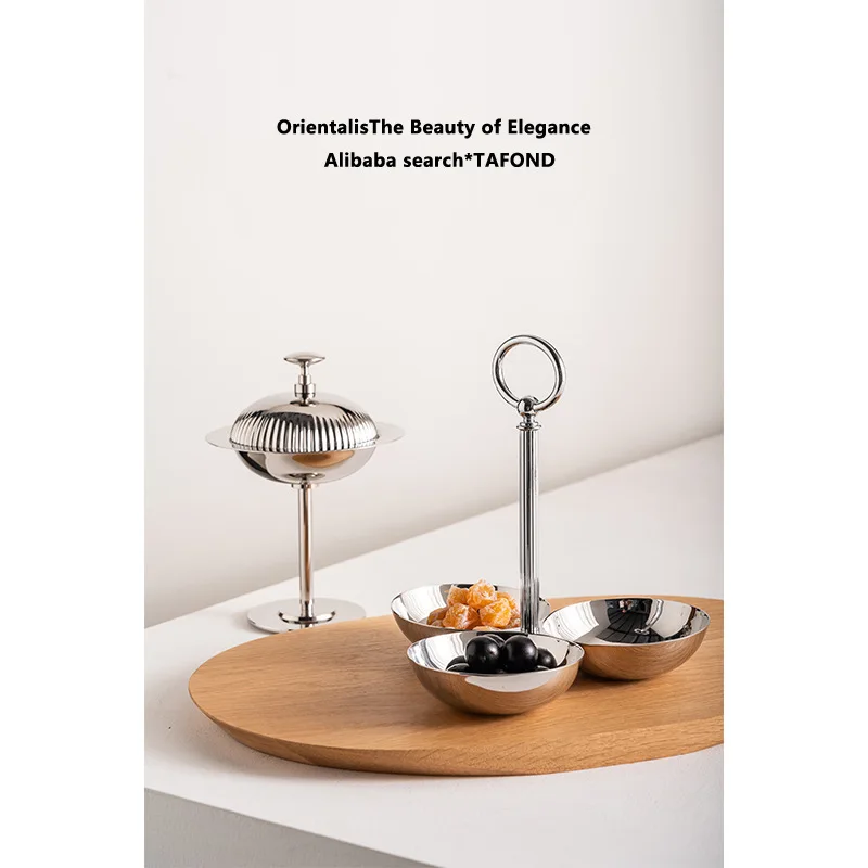 Stainless steel grid fruit plate snack bowl nut dried fruit snack platter rack household living room ornament candy plate
