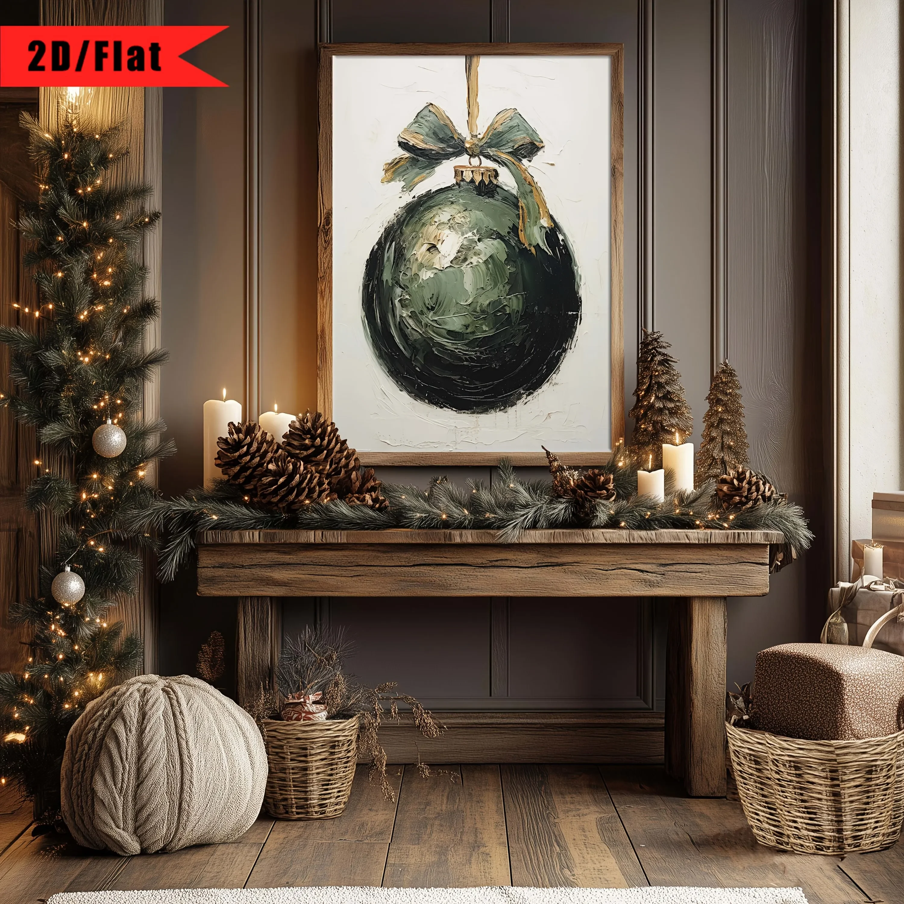 2D Flat, 1pc Vintage Green Bauble with Bow - Painted Christmas Ornament Canvas Wall Art, Rustic Xmas Tree Decoration for /Out