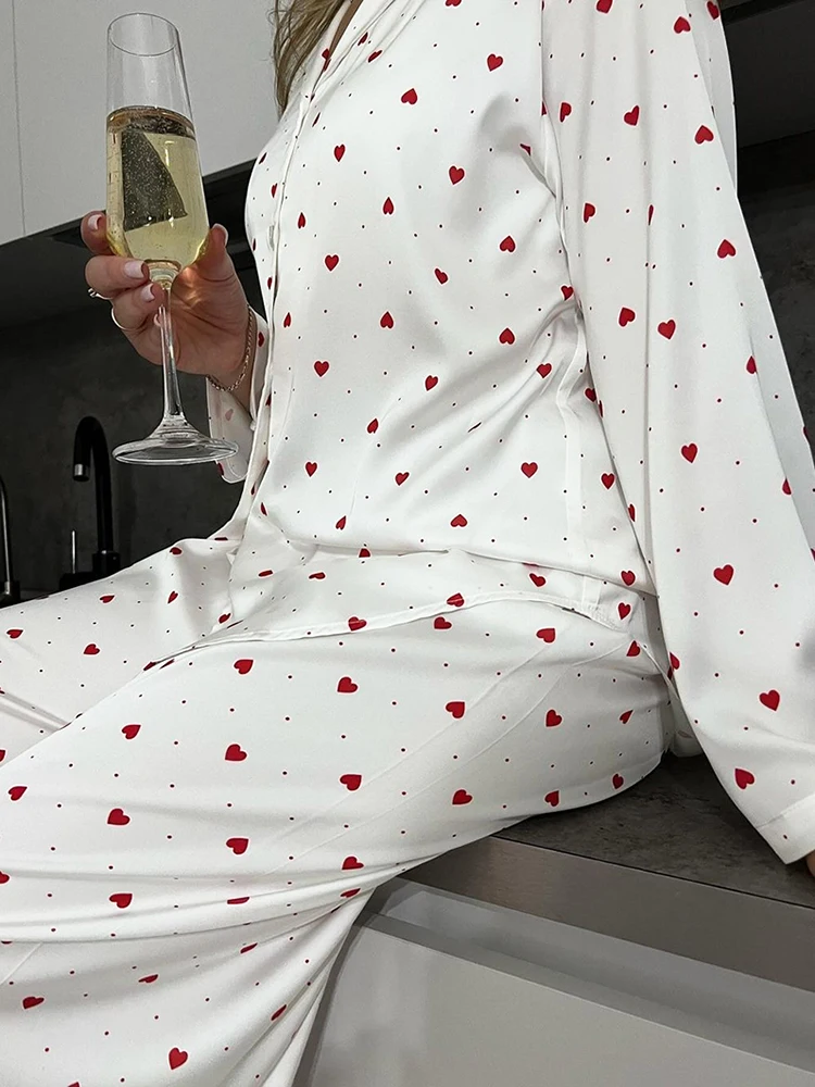 Hiloc Elegant Print Satin Long Pants Sleepwear Women Long Sleeve Loose Shirts Pajama White Ealstic Waist Night Wears Female 2024