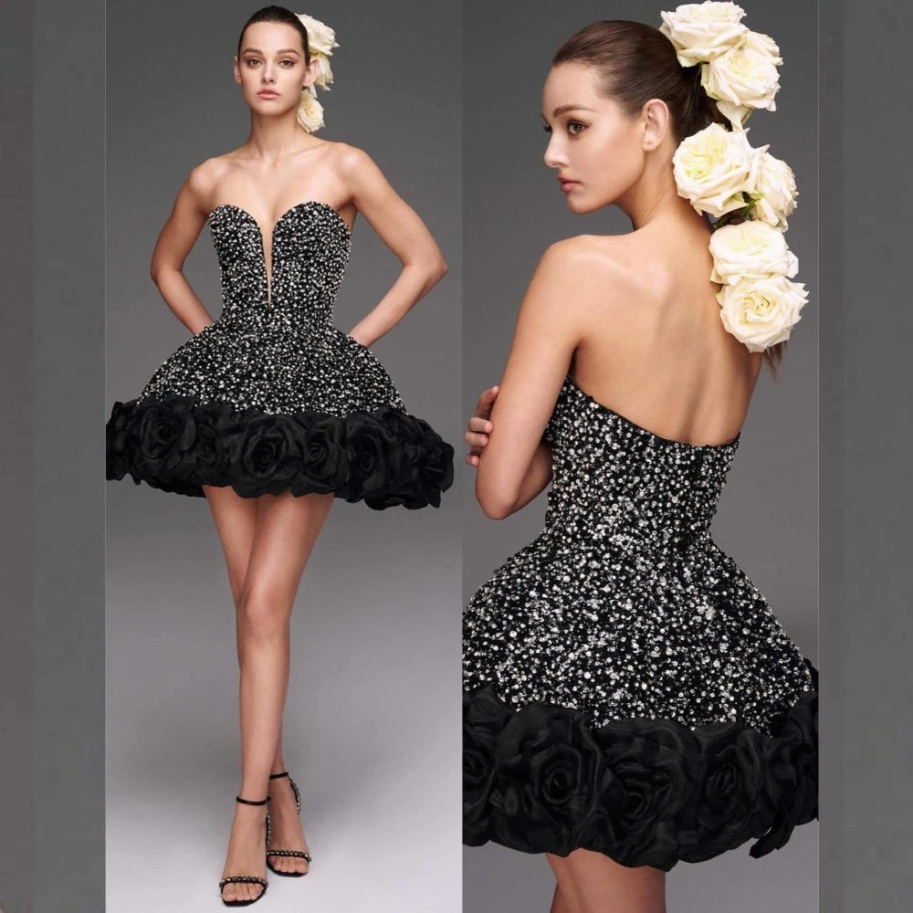 Jiayigong-Strapless cetim Mini vestido com flor Beading, A-Line Vestido para aniversário, Ocasião sob medida