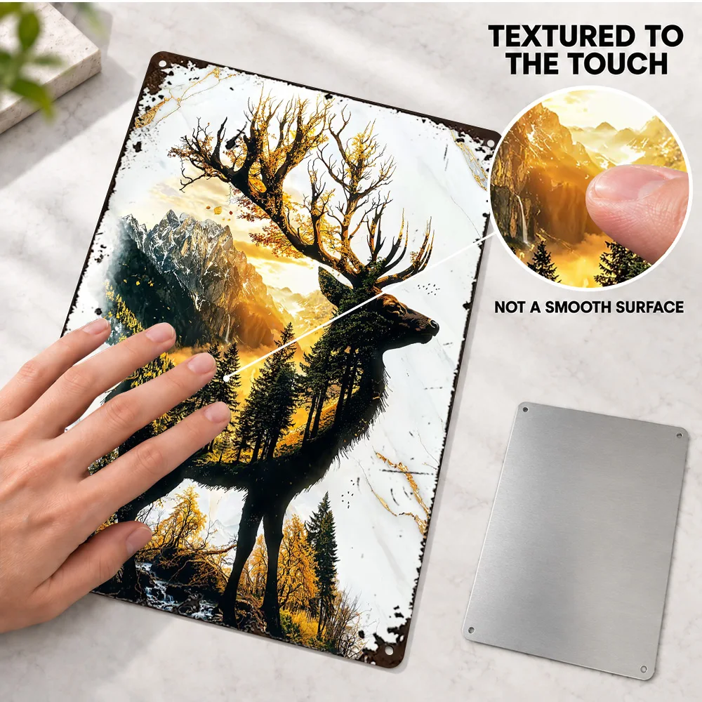Elk Double Exposure Mountain Forest Printed Poster Painterly Wall Art For Lodge Personalized Aluminum Metal Sign Birthday Gift