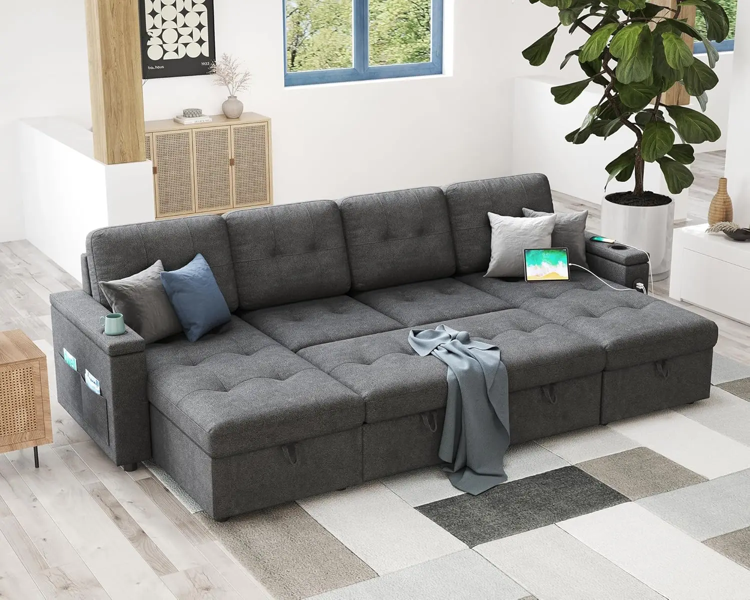 Pull Out Couch, Sleeper Sofa with 2 USB Charge Ports & Cup Holders, U Shaped Sectional Sofa with Storage Chaise, Dark Grey