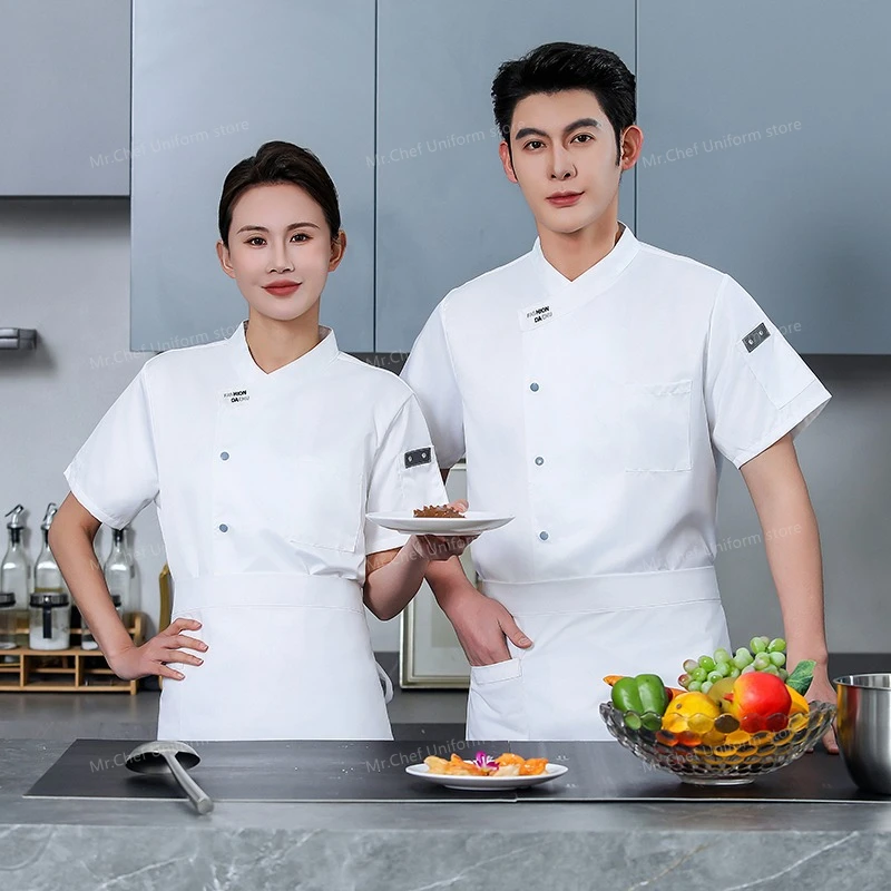 Sommer Männer Schwarz Chef Uniform Schürze Restaurant Kurzarm Chef Shorts Jacke Küche Atmungsaktive Chef Mantel Arbeit Kleidung Logo