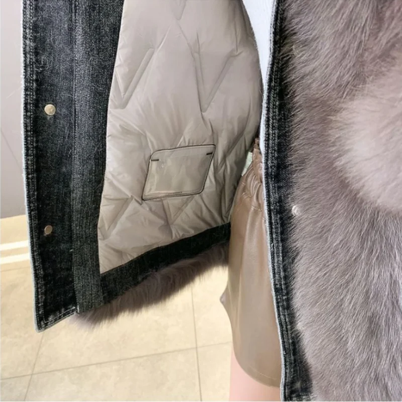 Fried Street Jeans Jackets Women Overcoat 2023 Winter New Long Edition Goose Down Jacket Big Fox Fur Collar Warm Fur Parker Coat