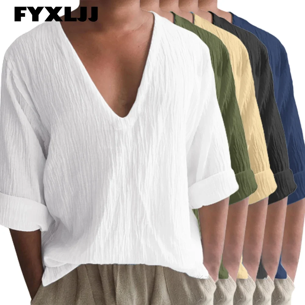 

FYXLJJ 2023 Men Imitation Linen Shirt Solid Color V Neck Long Sleeve Loose Casual Men's Clothing Boho Style Streetwear Camisetas