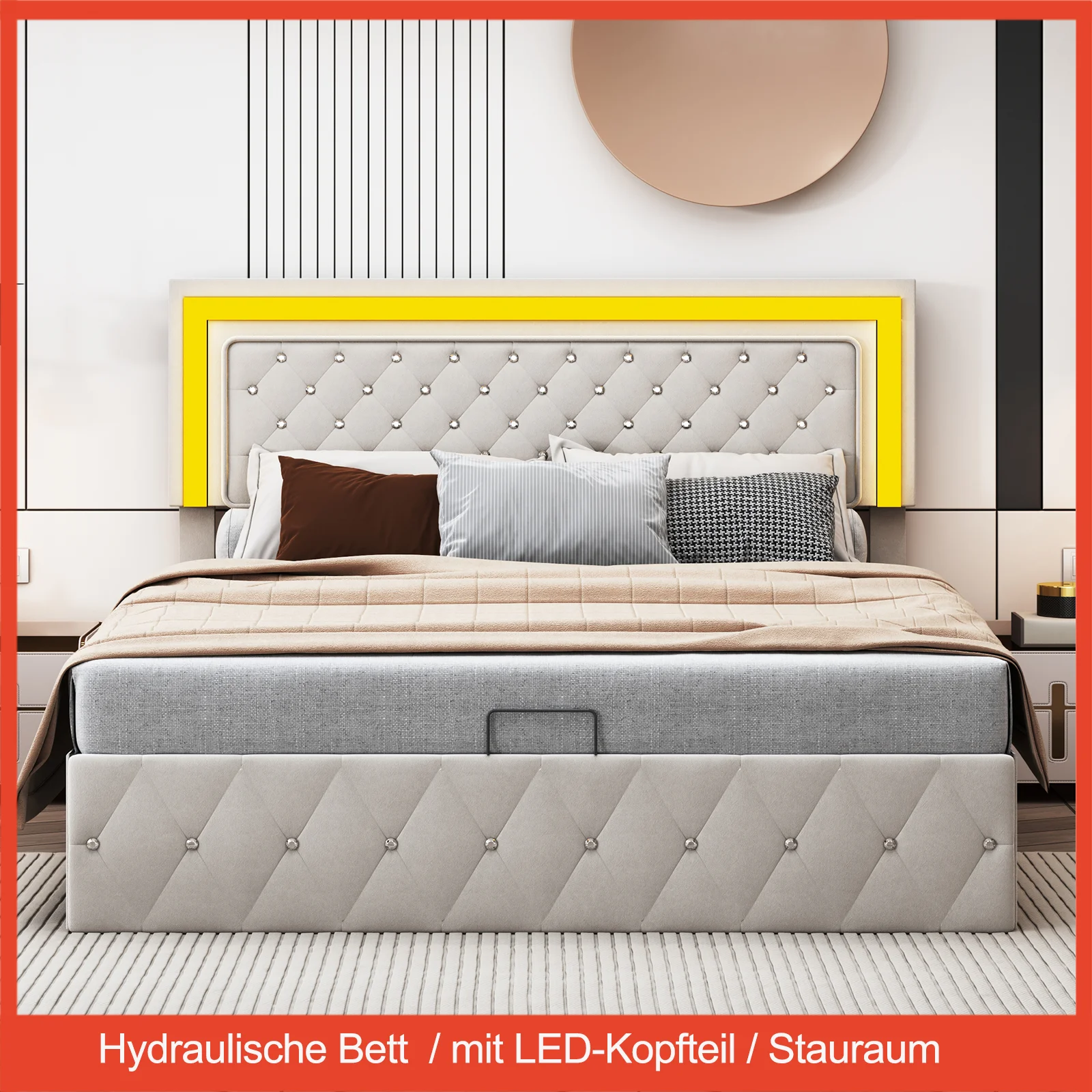 Double Bed with LED Headboard,Hydraulic Bed with Storage Space,Upholstered Bed with Slatted Frame,140/180x200cm,No Mattress