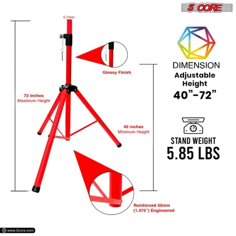 5 Core Speaker Stand Tripod Floor Heavy Duty Adjustable Up to 72 Inch DJ Studio Monitor Stands Pole Mount - SS HD 2PK RED