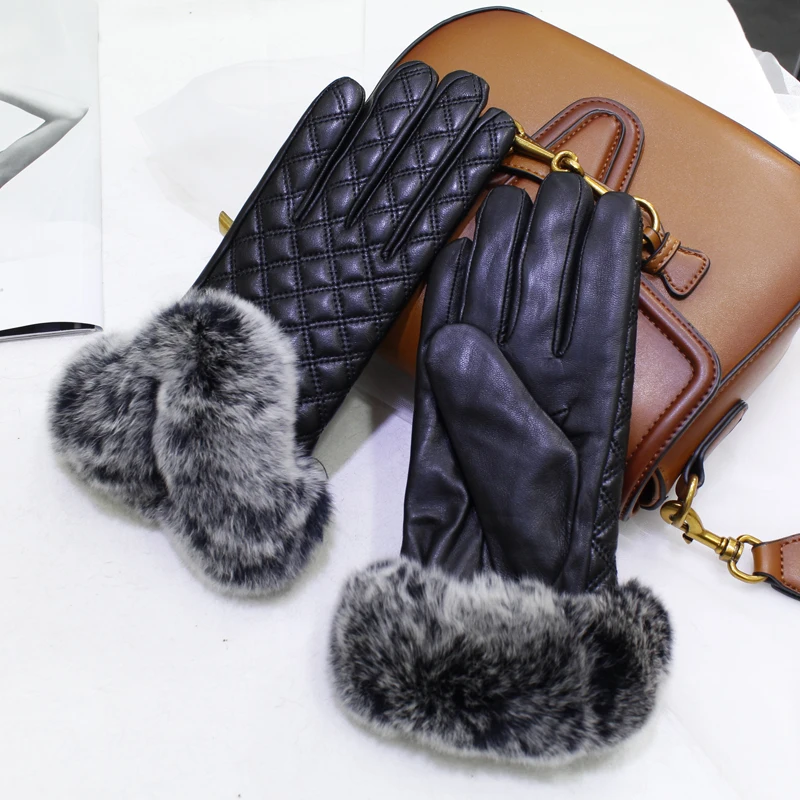 Women Winter Genuine Sheepskin leather Glove With Rex Rabbit Fur Cuff Warm Winter Female Genuine Leather Gloves Hand Warmer