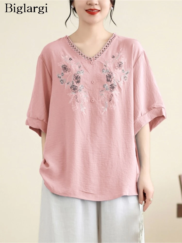 

Oversized Summer Pullover Pink T-Shirts Tops Women Flower Embroidery Fashion Casual Short Sleeve Ladies Blouses Loose Woman Tops