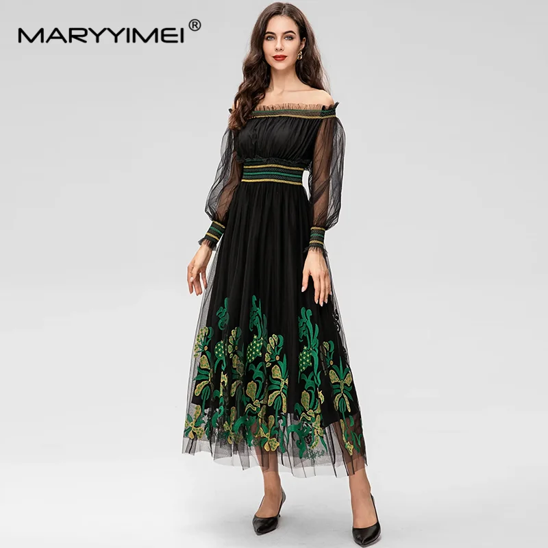 

MARYYIMEI Summer Women's Dress Slash Neck Lantern Sleeved Mesh Embroidery Elastic Waist Celebrity Party Dresses