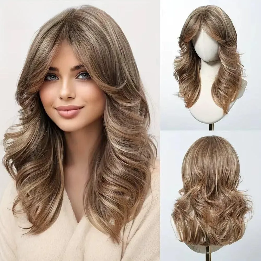 

Light Brown Layered Synthetic Wigs With Side Bangs Medium Length Wavy Wigs