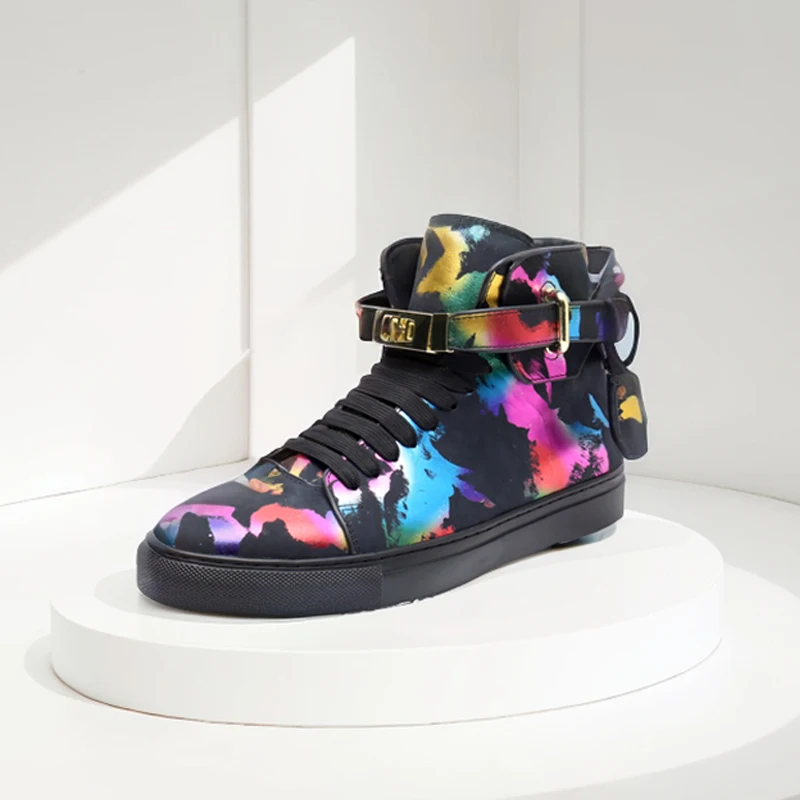 

Black Top Sneakers Men's Cow Leather Lace-up Patchwork Women Business Casual Shoes Girls Flat Shoes Handmade Unisex