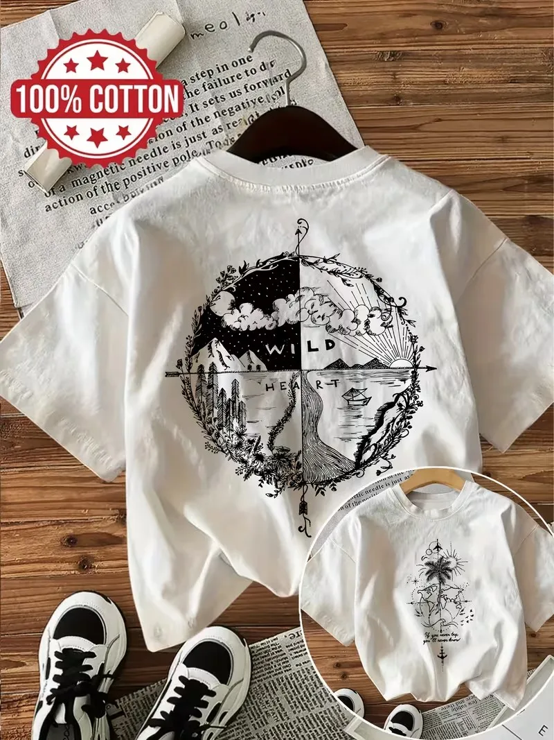 Vintage Loose 100% Cotton Women's Casual T-Shirt with Compass & Mountain Graphic Print Short Sleeve Round Neck Tshirt