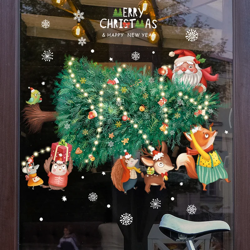 Christmas window glass decoration stickers, cartoon colored lights, Christmas tree removable static electricity Christmas wall s