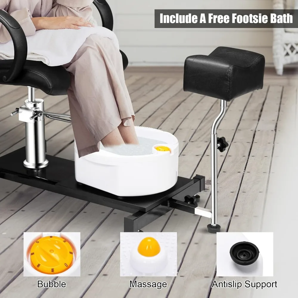 Silla de pedicura negra con taburete y baño de pies con masaje de burbujas, silla Pedi hidráulica para tecnología de uñas, estación de unidad de salón de spa de belleza