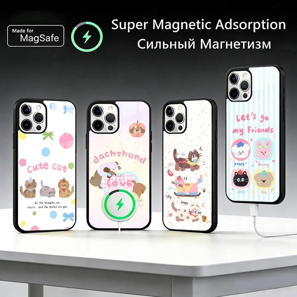 

Cartoon Cat Dog Pattern Phone Case For IPhone17 16 15 14 13 12 11 Plus Pro Max Plus Wireless Charger Cover Funda