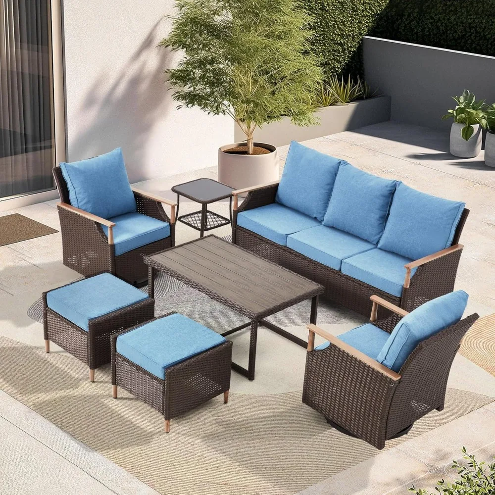 7 Piece Patio Furniture Set Wicker Patio Conversation Set Rocking Bistro Set with 3 Seater Sofa, Coffee Table, Tempered Glass S