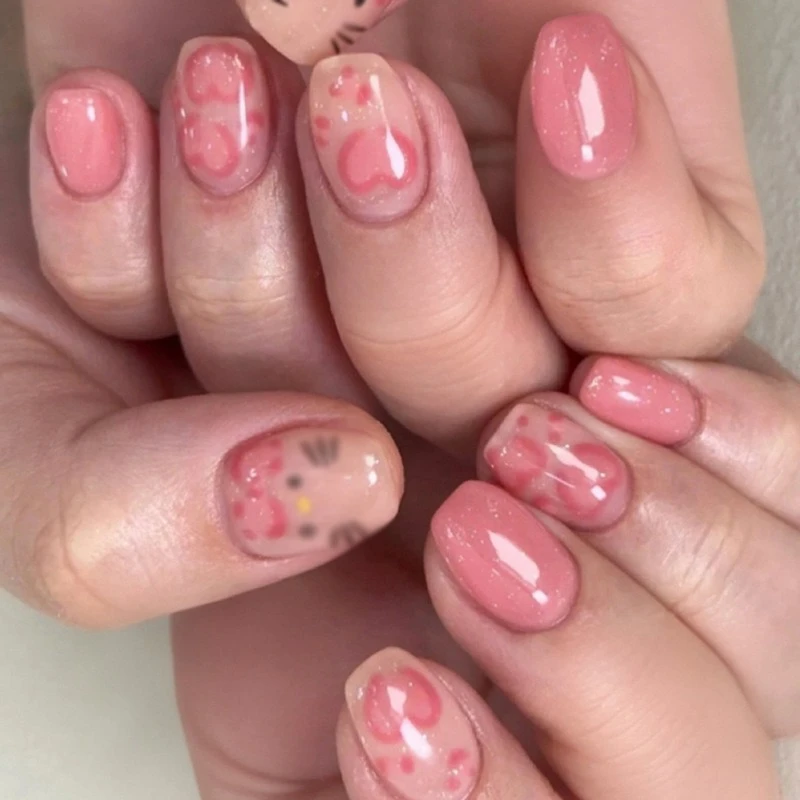 

Halo Dyeing Pink Bowknot Flower Ballet False Nails Art Glitter Powder Square Fake Nails RhinestonesPress on Nails Manicure Tools