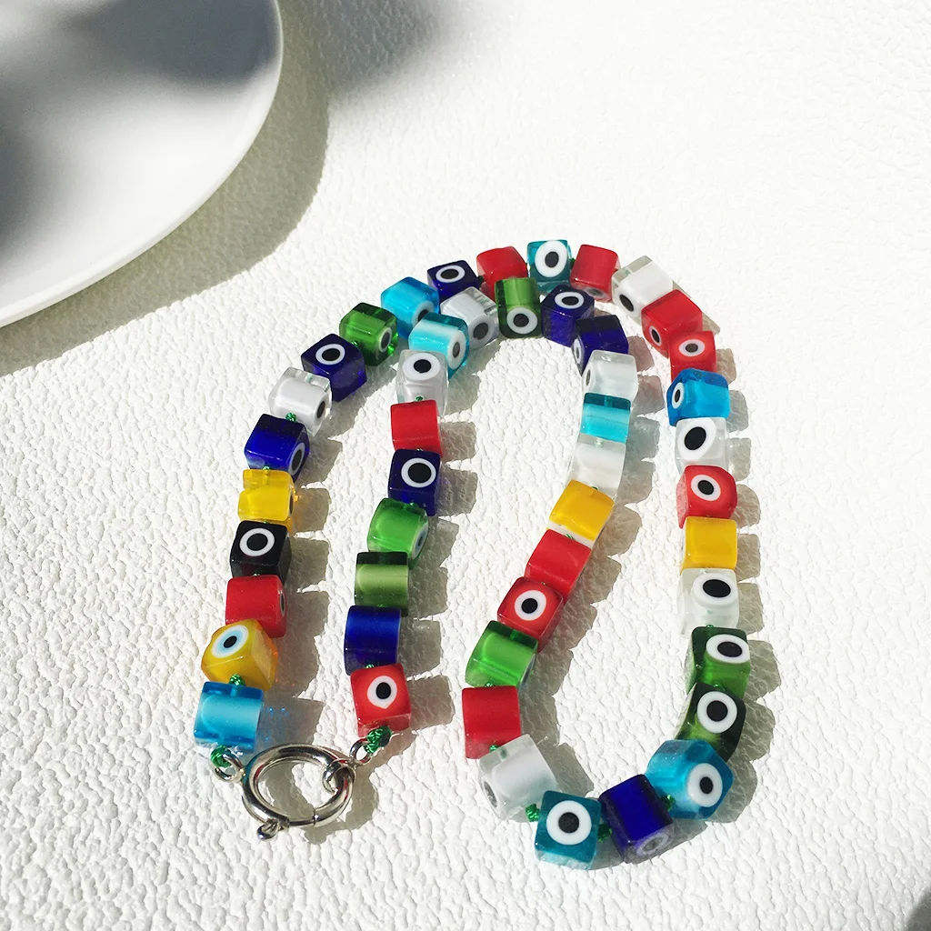 1PCS Vintage Thousand Flower Glass Square Evil Eye Bead Necklace For Women Personalized Colorful Collar Chain Jewelry Gift