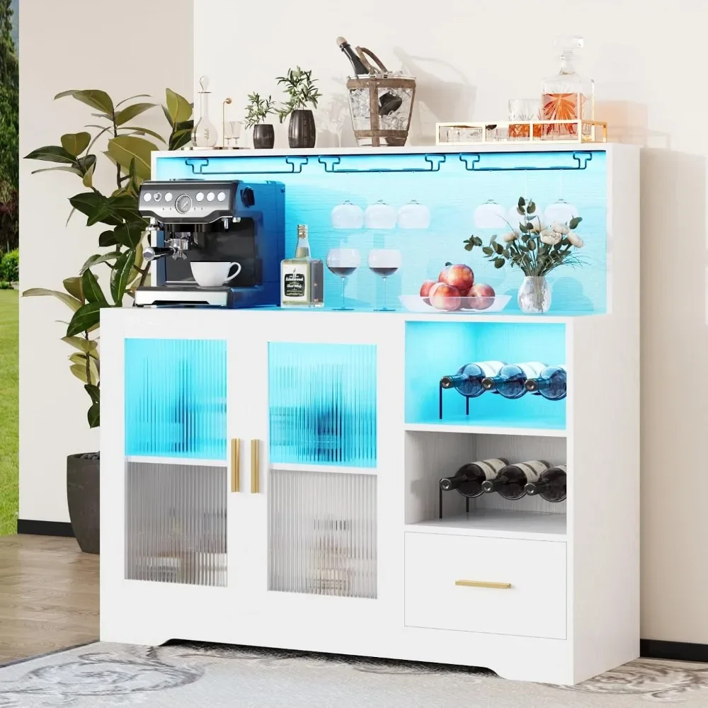 

Wine Bar Cabinet with LED Light,with Wine and Glass Rack, Modern Kitchen Coffee Bar Cabinet with Storage, Buffet Sideboard with