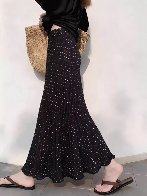

Black Luxury High Waist Polka Dot A-Line Skirt Women's Spring Design Slimming Hip Covering Long Skirt Elegant Sensation