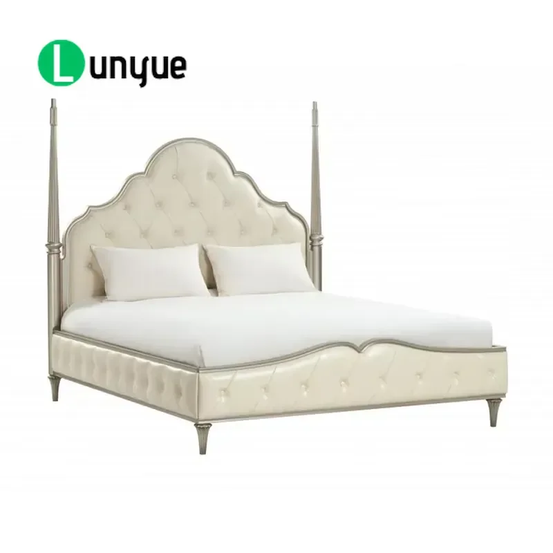 French Vintage Poster Bed Solid Oak Carved Pillar Leather Tufted Headboard Modern Bedroom Furniture Set Elegant Home Decor