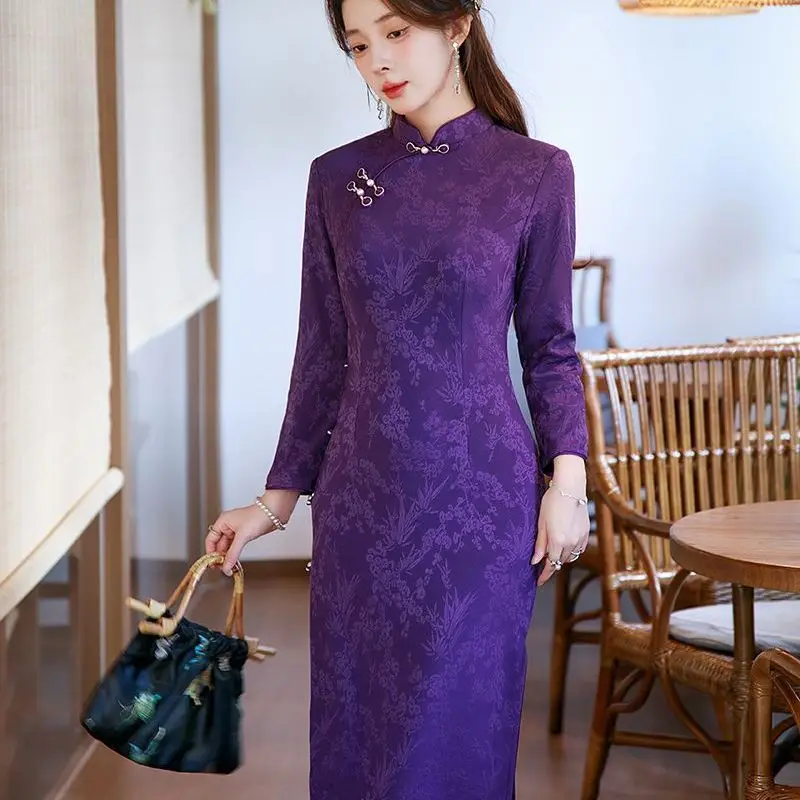 

Элегантная женская зимняя одежда с флисовой подкладкой, утолщенная, с вышивкой тканью, объемными цветами, фиолетовая, повседневная, для коррекции фигуры