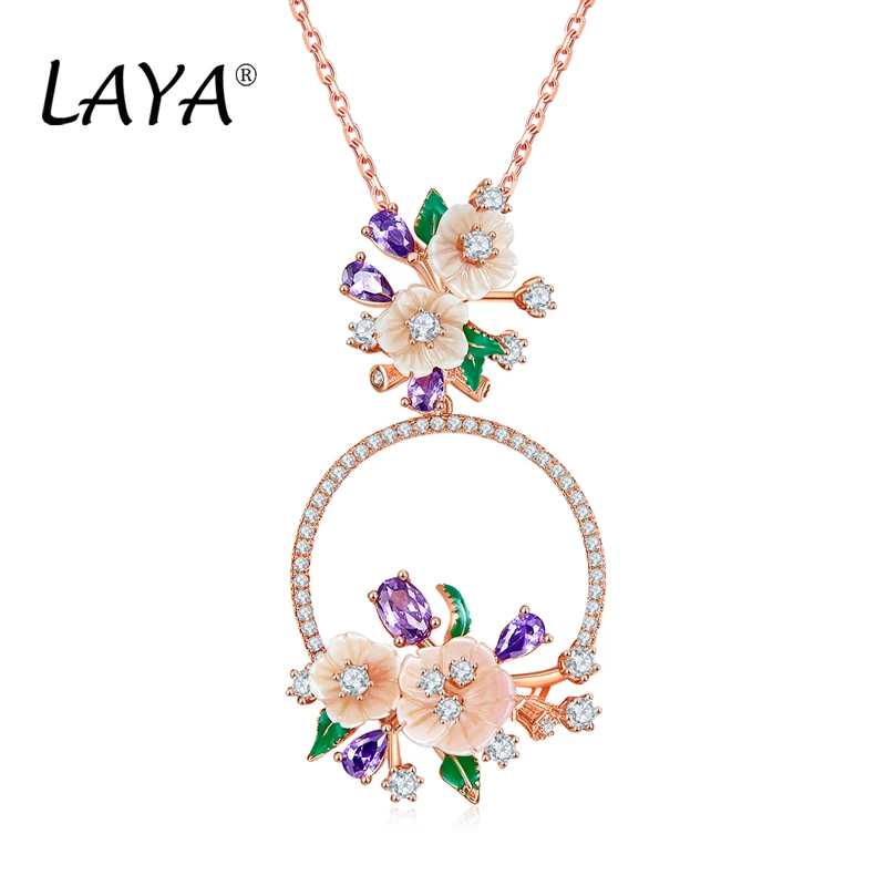 LAYA 925 Sterling Silver Fashion Natural Shell Flower Green Leaf Enamel High Quality Zircon Necklace For Women Wedding Jewelry