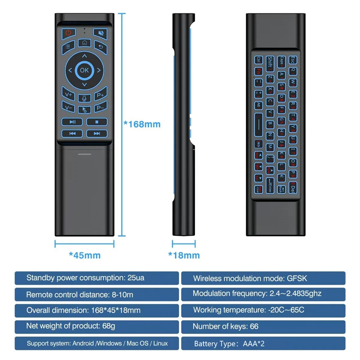 Telecomando Air Mouse Mini tastiera retroilluminata a 7 colori Dual Mode 2.4G Bluetooth Controllo wireless per Smart TV Box PC