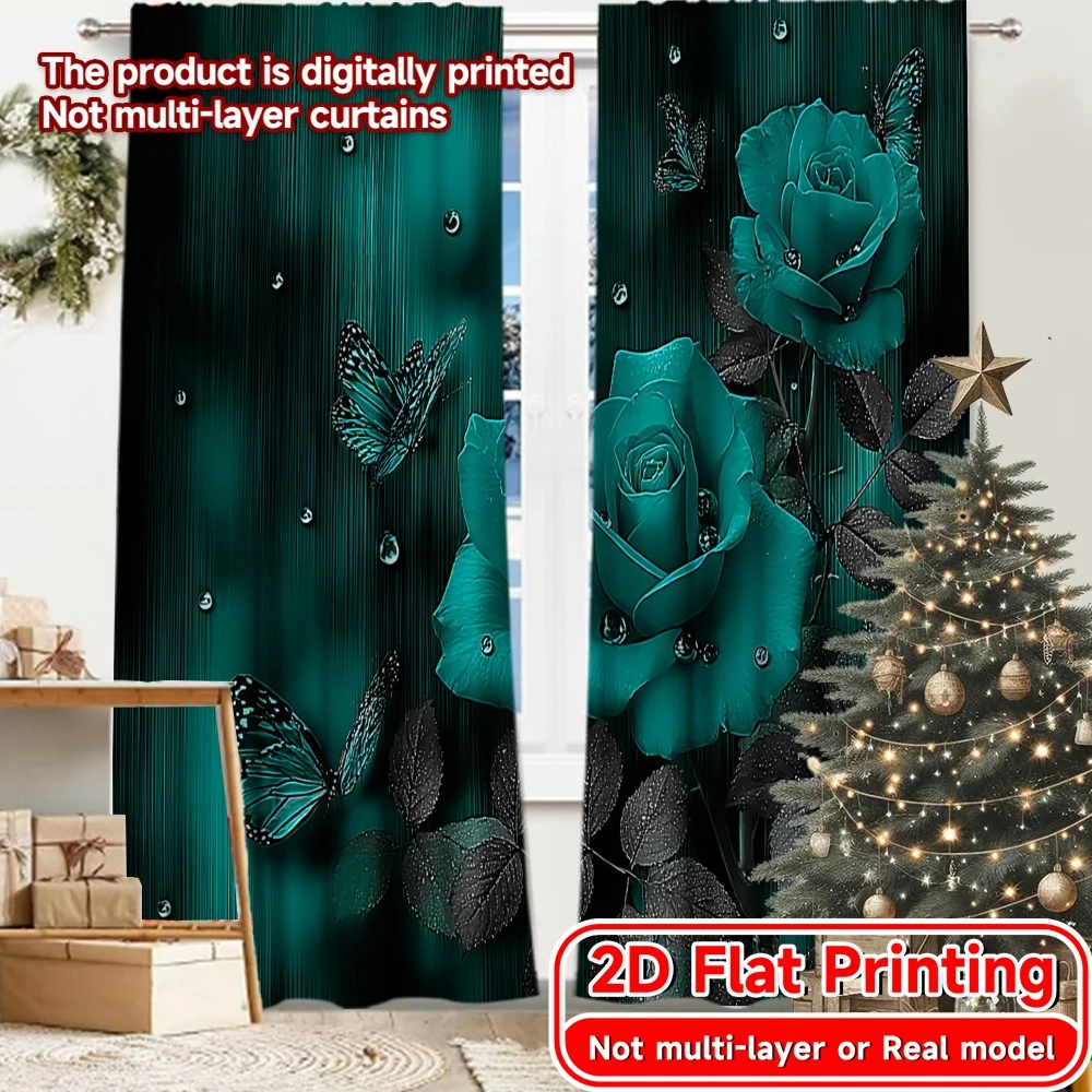 2D FLAT PRINTING 2pcs Curtains (Without Rod) Blue Roses and Butterflies Saint Patrick is Day Festival Creative Curtains