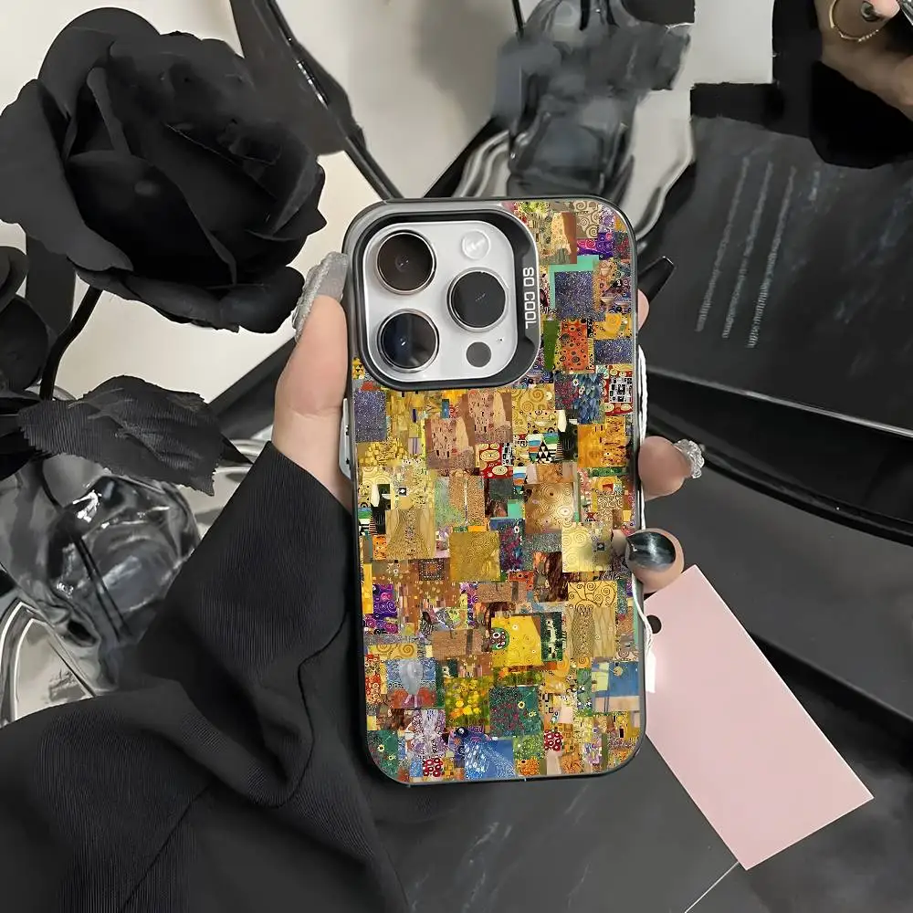 

G-Gustav Klimt Flowers Phone Case For iPhone 16 15 14 13 12 11 Pro Max Grey Black Matte Laser Metallic Aurora Funda