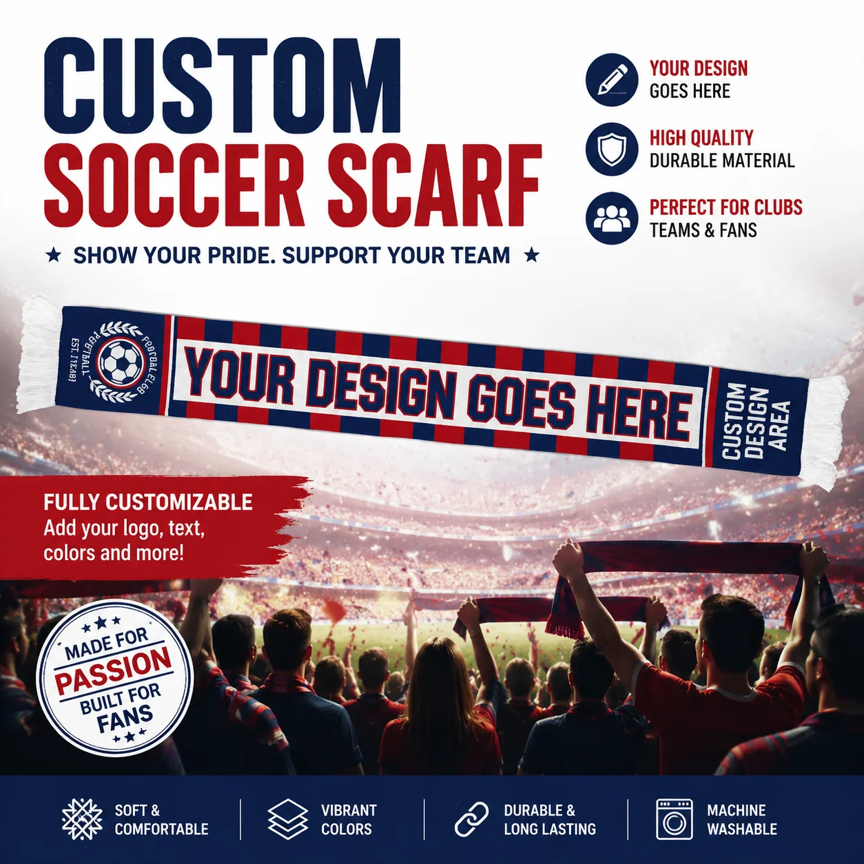 Bufanda de Fútbol Personalizada con Impresión a Medida, Logotipo del Equipo y Nombre, Bufandas para Aficionados al Fútbol con Flecos y Borlas, Recuerdo Deportivo