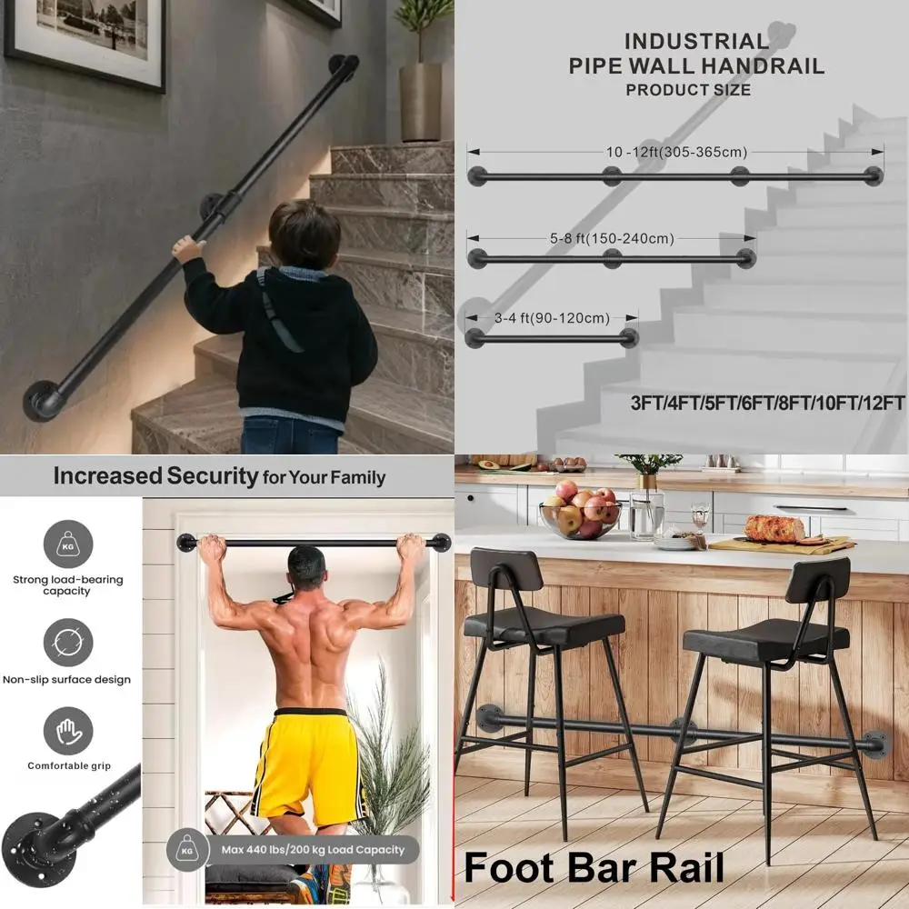 درابزين درج الأنابيب الصناعية بطول 8 أقدام، درابزين مثبت على الحائط للدرج الداخلي، حل درابزين الخطوات الخارجية شديدة التحمل #1