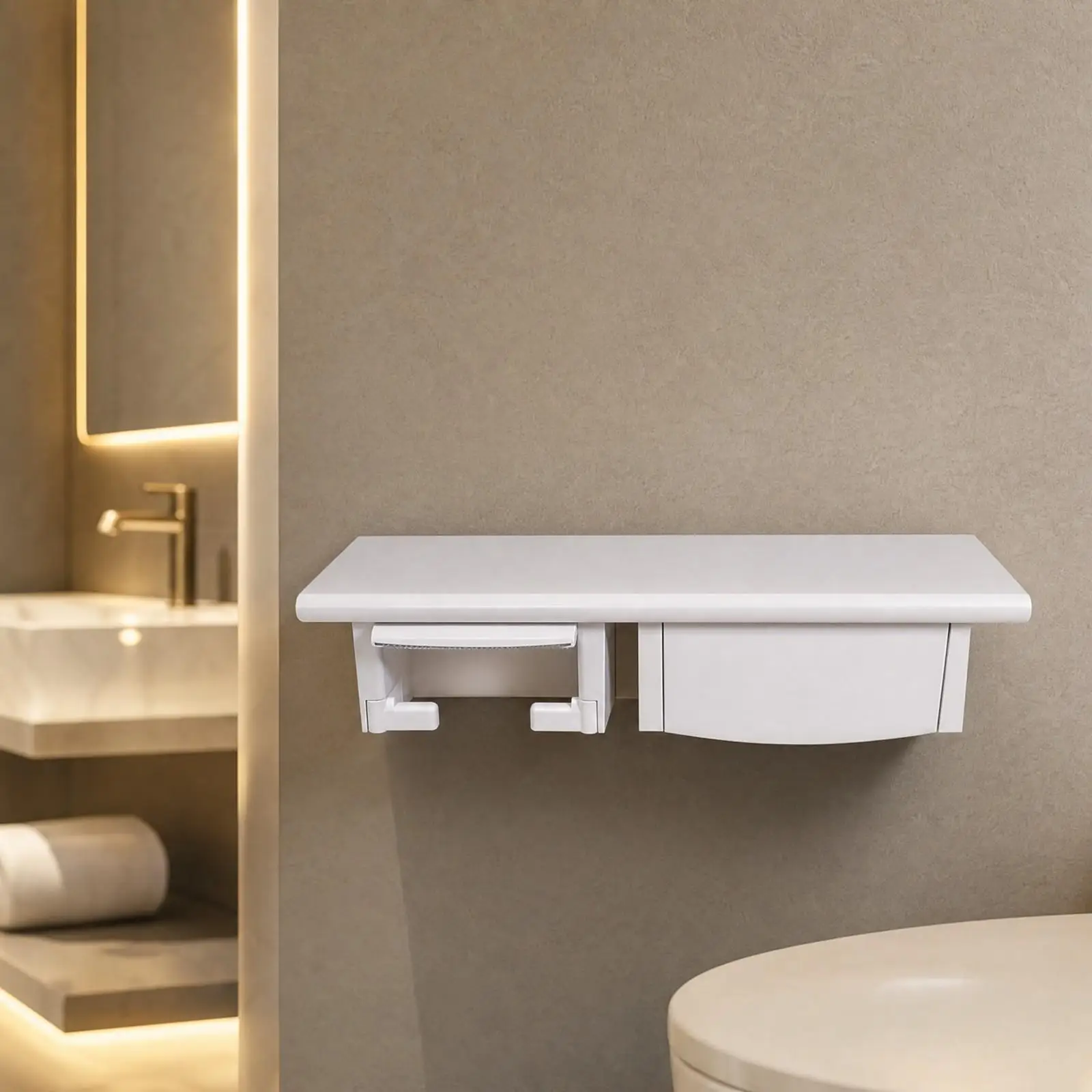 Wall-Mounted Storage Shelf Multifunctional White Painted Wood Restroom Shelf with Tissue Roll Holder Space-Saving for Small