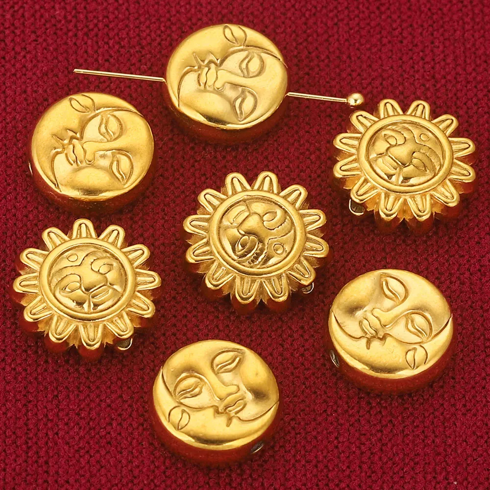 5PCS Stainless Steel 15MM Large Gold Plated Smiley Sun Moon Bead Spacer Metal Beads for Needlework Jewelry Making DIY Bulk