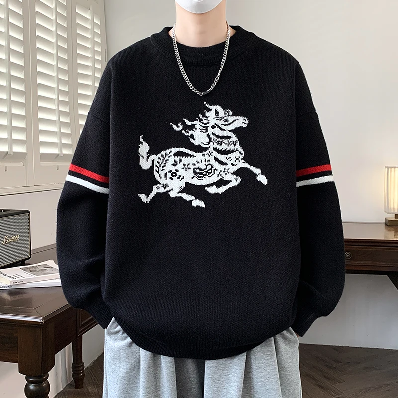 

Новинка 2026: Мужской вязаный свитер с круглым вырезом, праздничный, в стиле Haome Hong Kong, повседневный, свободного кроя, с длинным рукавом